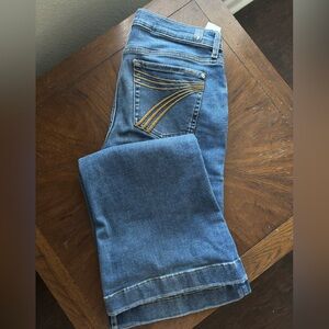 7 For All Mankind Women's Blue Wide Leg Jeans with Yellow Stitching